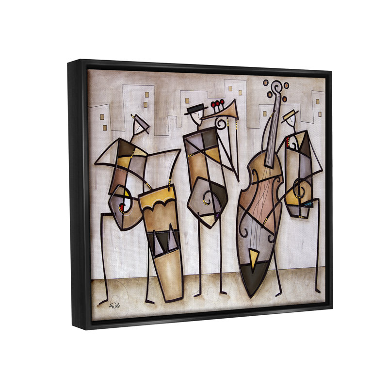"Musical Trio", peinture moderne abstraite, jet noir, toile flottante encadrée par Eric Waugh, Cadre flottant noir de jais