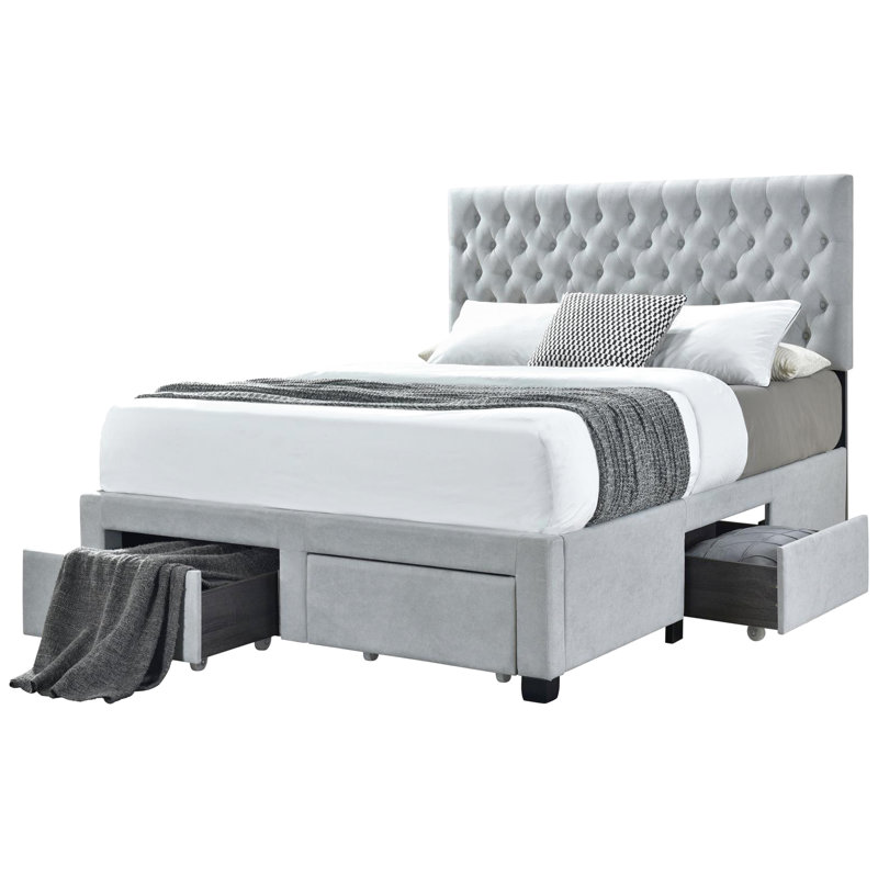 Grand lit gris avec rangement, maximise l'espace de rangement pour la chambre à coucher avec 4 tiroirs en tissu, prêt pour le matelas, aucun sommier requis