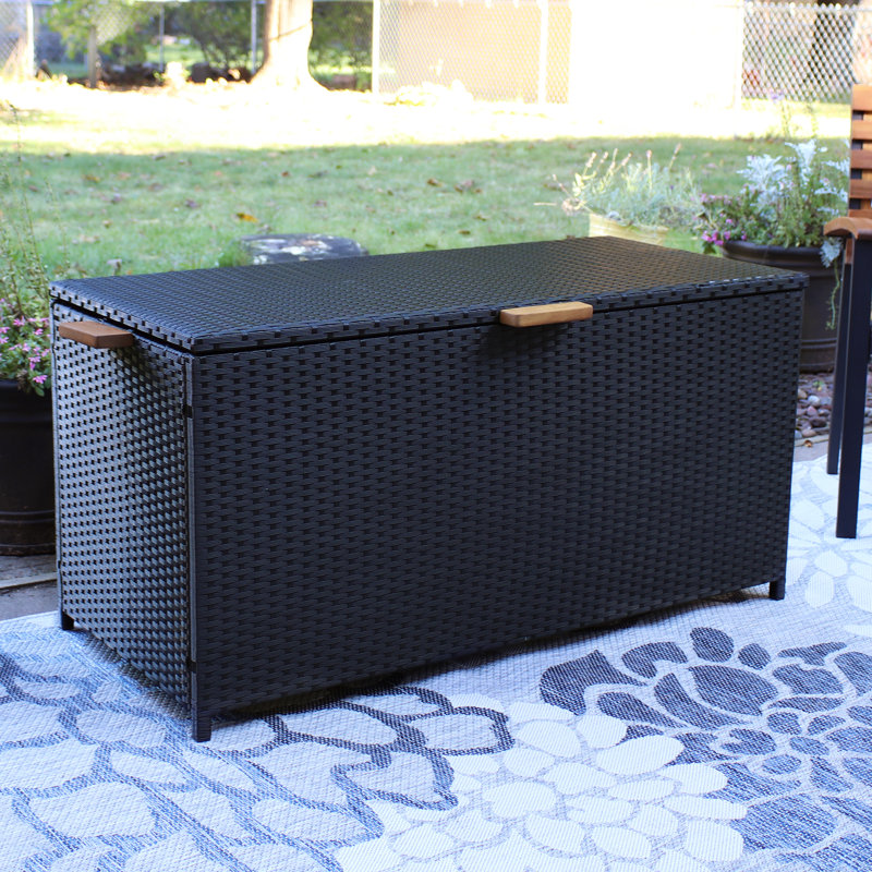 Black Resin Wicker 75-Gallon Deck Storage Box with Acacia Handles