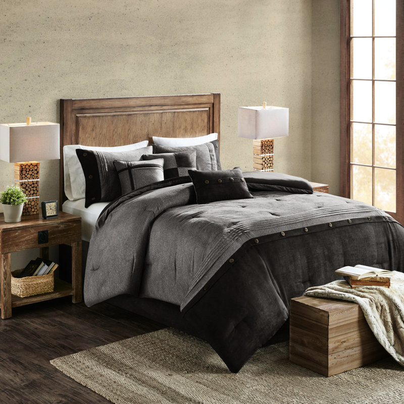 7 Piece Comforter Queen Grey Faux Suede - Lodge Cabin Decor With Buttons Fill Silky Decorative Pillows Soft Enchanting Style