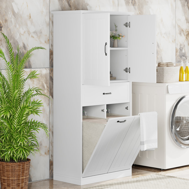 Armoire de rangement pour salle de bain avec deux paniers à linge, Blanc