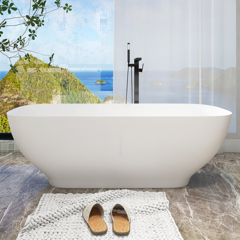65" Matte White Stone Resin Freestanding Soaking Bathtub