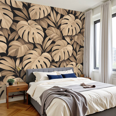 Peel and Stick Wallpaper Tropical Monstera Leaves Earthy Tones Soft Textures Wall Murals 100"H x 144"W Removable PVC Wall Paper Self-Adhesive Wall Decor for Bedroom Living Room Home Office