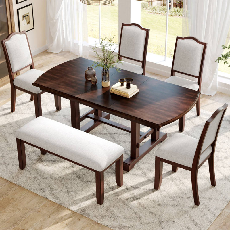 Ensemble de salle à manger extensible 6 pièces avec chaises et banc rembourrés Mack, Cerisier