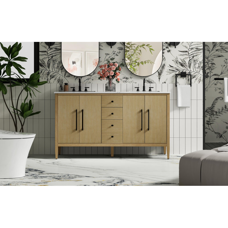 Meuble-lavabo double 60 po, Lin chêne