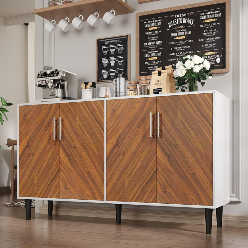 58" Modern Coffee Bar with 4 Doors, White/Brown
