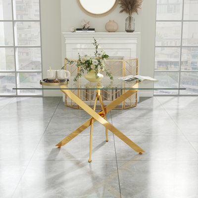 Rectangle Tempered Glass Dining Table with Stainless Steel Pedestal
