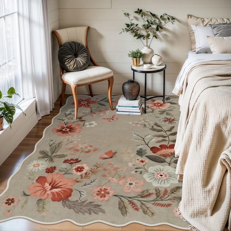 Tawann Machine Washable Floral Farmhouse Area Rug with Non-Slip Backing for Living Room, Dining Room, Bedroom