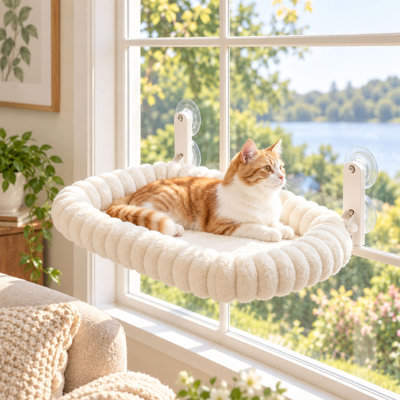 Large Foldable Cat Window Perch, Bolster Bed, Curtain-Friendly Metal Frame
