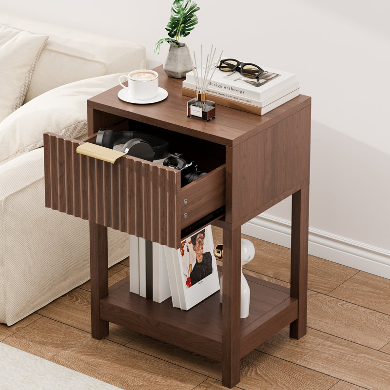 Night Stand, Mid Century Modern Bedside Table With Drawer And Open Shlef, Dark Wood End Table For Living Room Fluted Night Stand With Solid Wood Legs For Bedroom, Walnut Brown, 1pc