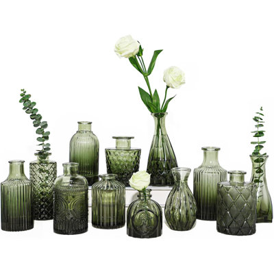 12pcs Green Glass Bud Vases Set