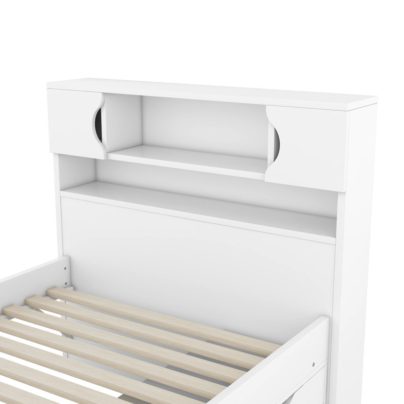 Base de lit plateforme avec tablettes de rangement et quatre tiroirs Griffie, Blanc