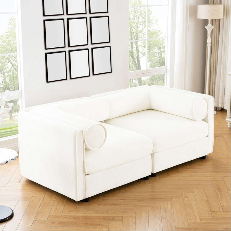 Élégant canapé 2 places en chenille blanche avec siège de rangement, dossier cylindrique et accoudoirs, causeuse moderne en tissu avec espace de rangement caché