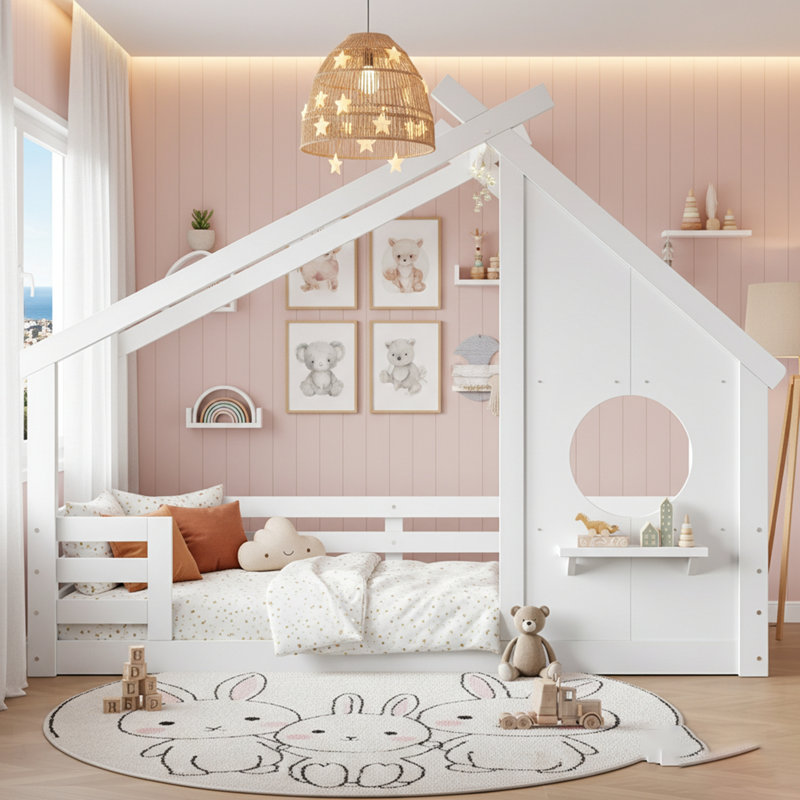 House Floor Bed With Window And Small Shelf, Solid Wood, No Box Spring Needed, Twin, White