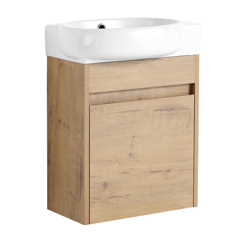 Meuble-lavabo autoportant avec lavabo en résine et 2 portes d'armoire à fermeture en douceur, Imitation chêne