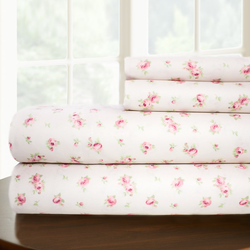 Ivory Rose Print King Microfiber Sheet Set