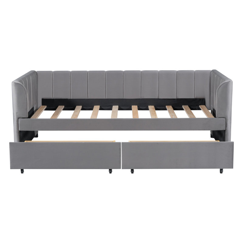 Lit de jour simple tapissier avec dossier ergonomique et 2 tiroirs, gris, Gris