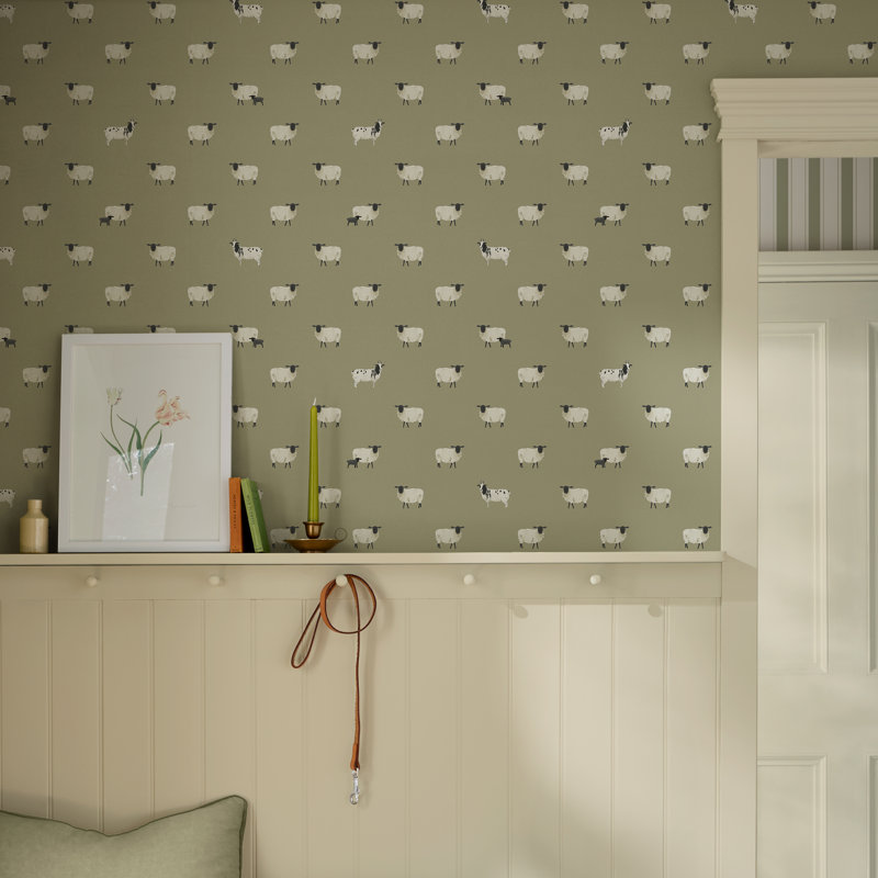 Sophie Allport Sheep Off White Wallpaper, Green