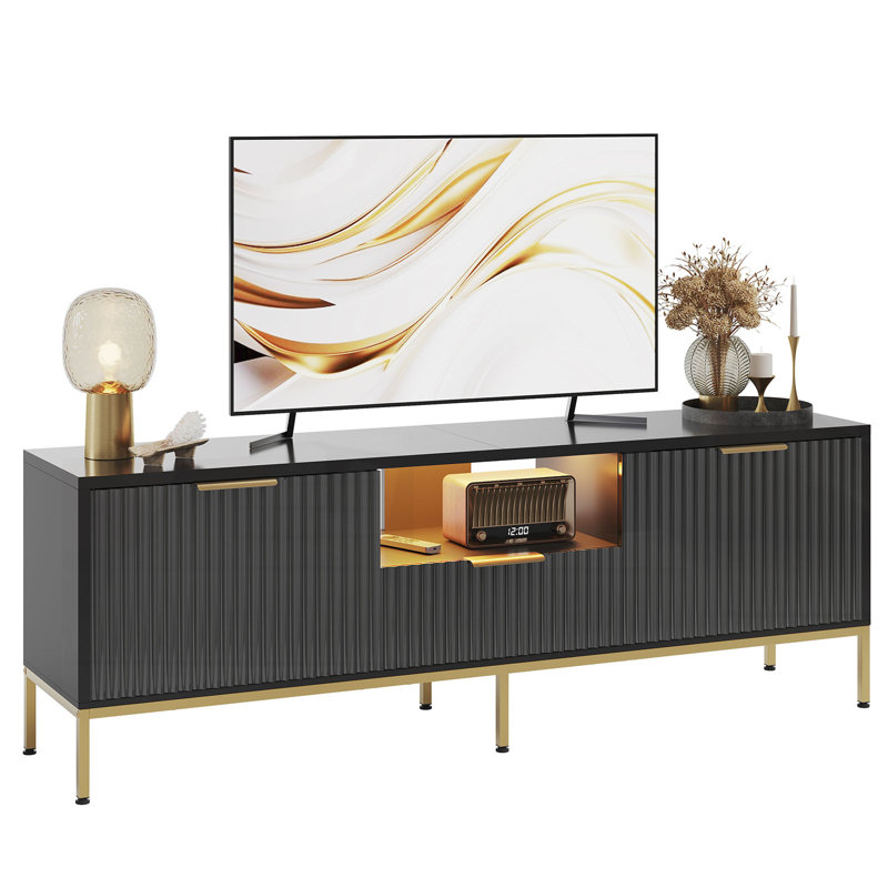 Fluted TV Stand, Glossy Media Console with Wave Pattern Buffet Cabinet, Black, 54cm H x 140cm W x 35cm D