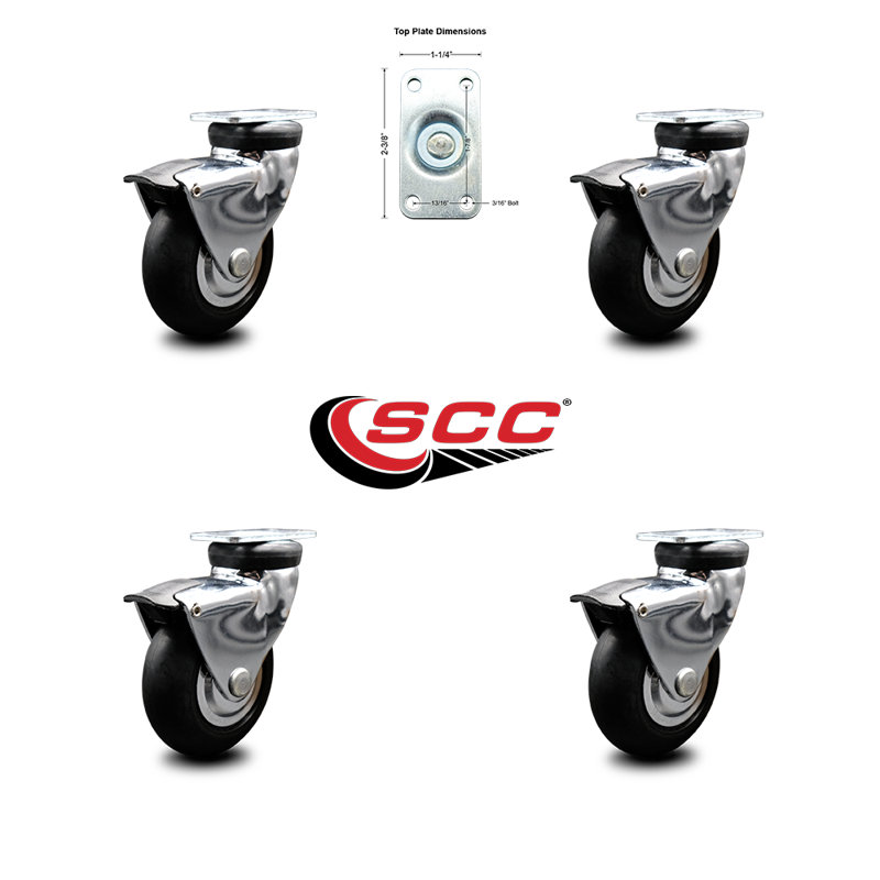 3 Inch Bright Chrome Hooded Neoprene Rubber Top Plate Casters with Brake Set 4/SCC-03S310-NPRB-BC-B-4