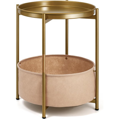 Round Side Table With Storage Basket, Gold Metal Nightstand With Removable Tray, Sturdy End Table For Bedroom, Living Room, Nursery, Patio (Gold)