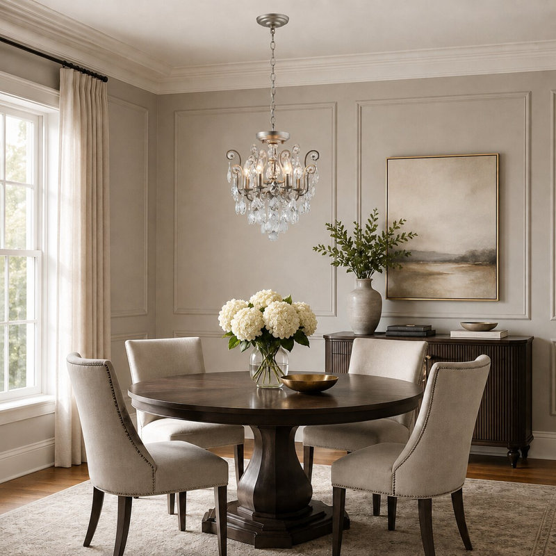 Lustre 6 lumières avec cristaux transparents Cravey, Étain
