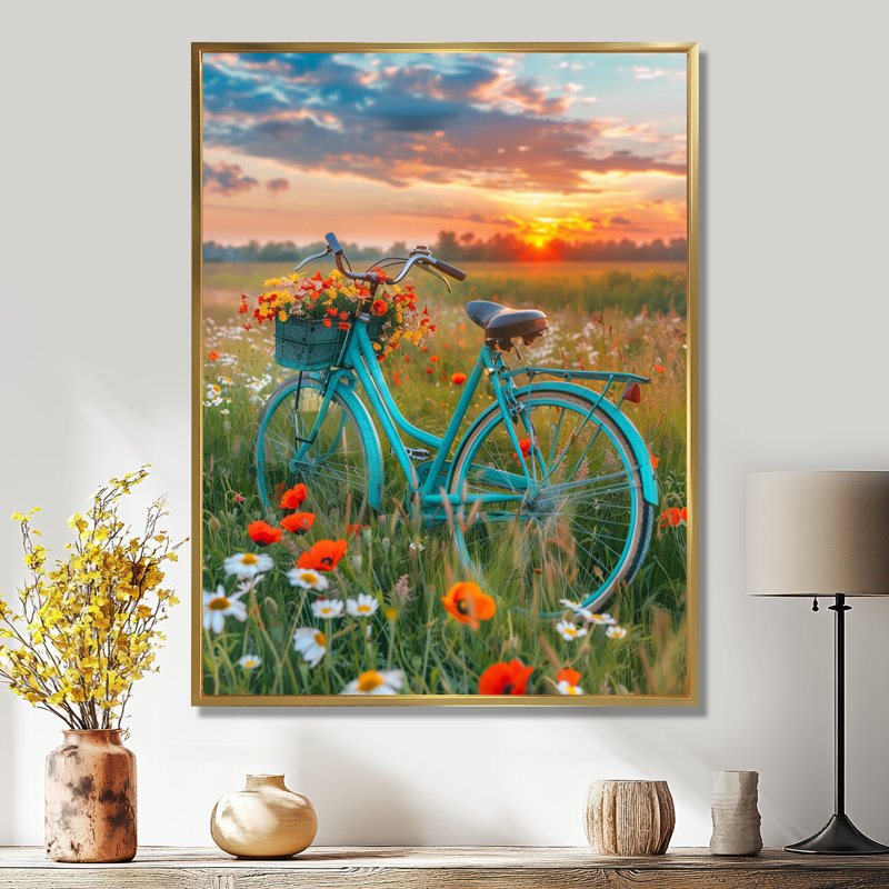 «Blue Beach Bike In Spring Flower Field Sunset», impression d'art mural vélo, Cadre flottant doré, H 20 po x l 12 po x P 1 po