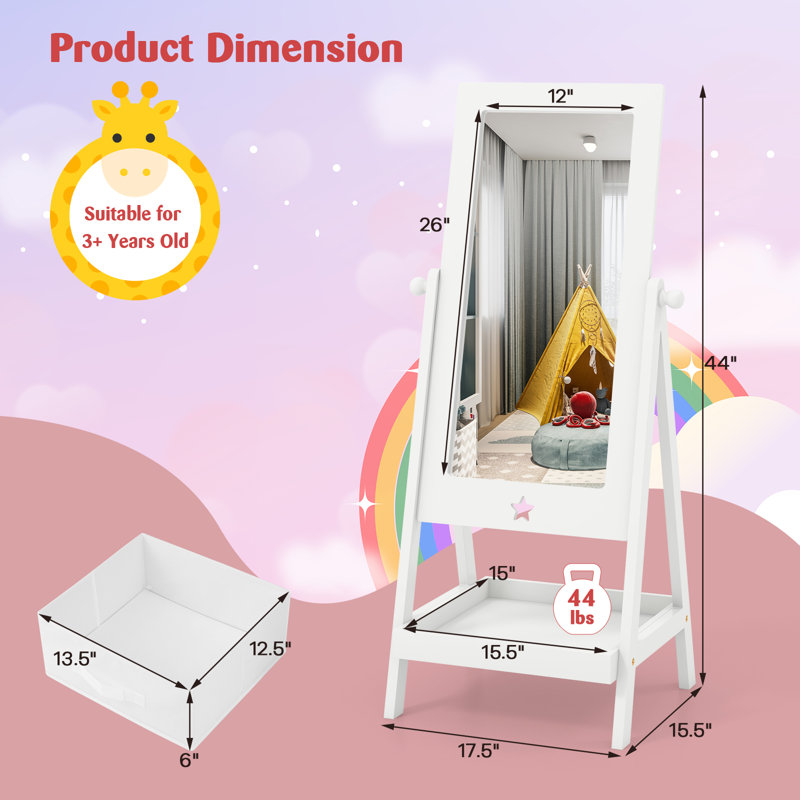 Miroir autoportant pleine grandeur avec tablette de rangement et bac de rangement en tissu
