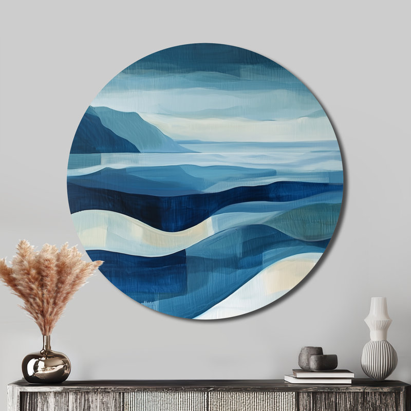 «Blue Ethereal Coastal Horizon II», art mural rond en métal abstrait, H 16 po x l 16 po