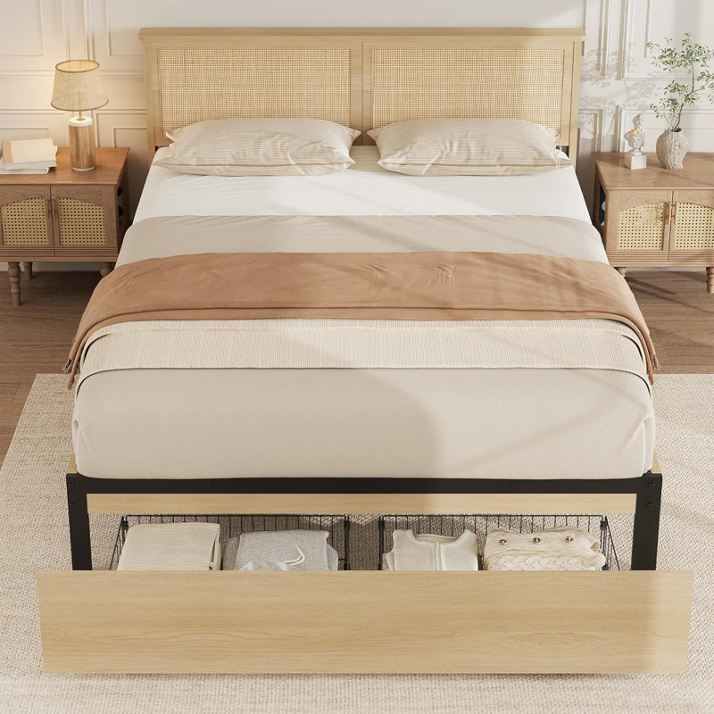 Platform Bed Frame, Bed Frame With Natural Rattan Headboard, Cane Bed Frame With 2 Storage Drawers And Strong Wood Slats Support, Noise Free, No Box Spring Needed