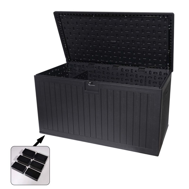 230-Gallon Weatherproof Resin Deck Box With Lockable Lid, Hydraulic Hinges, Removable Divider, And Dual-Purpose Table Function For Outdoor Storage And Seating.