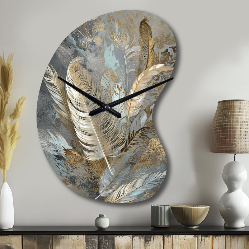 Gold Feather Extravaganza V - Boom Shape Unique Glam Feather Wall Clock, Small