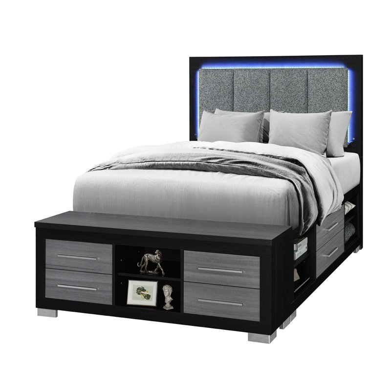 Lit double avec tête de lit partiellement rembourrée, DEL, rangement, bibliothèque, sans sommier, contemporain en noir et gris avec motif à DEL