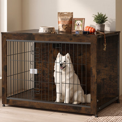 YOKWOK 43 Inch Wooden Dog Crate Furniture, XL Heavy Duty Dog Kennel with Secure Lock & Double Door, Sturdy Metal Pet Cage Indoor Use, Chew Resistant Dog House for Large Dogs, Rustic Brown
