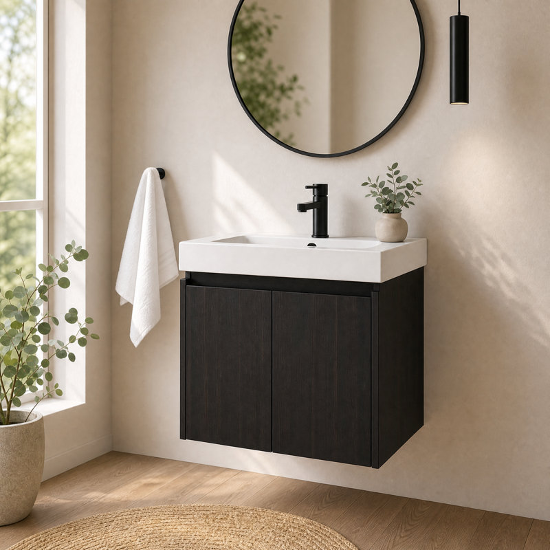 Meuble-lavabo mural 24 po avec lavabo en céramique, meuble-lavabo flottant noir, armoire de rangement à double porte pour petite salle de bain