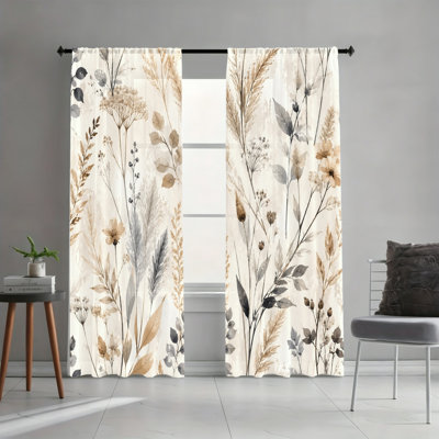 2PCS Watercolor Wildflower Botanical Boho Chic Light Filtering Rod Pocket Curtains, Natural Wild Bloom Art Print Window Drapes, Easy Install Rod Pocket, All Season Versatile Home Decor for Living Room, Bedroom, Warm Casual Nature Window Treatments