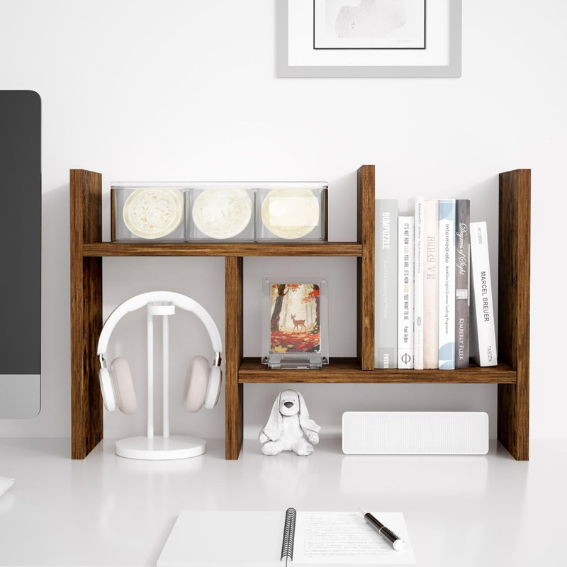 Organisateur de bureau Support de rangement de bureau Tablette de présentation en bois réglable de style double H, mini-bibliothèque multifonctionnelle pour support de bureau naturel (ton de bois naturel)