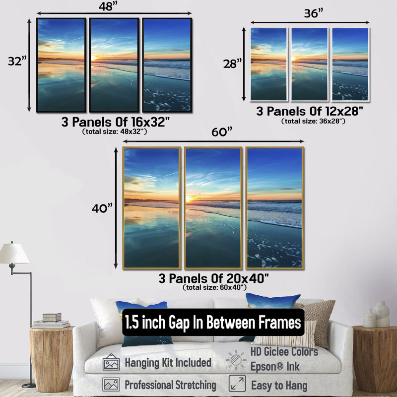 «Blue Seashore with Distant Sunset» - Photographie de cadre flottant 3 pièces sur toile, H 32 po x l 48 po, Brown