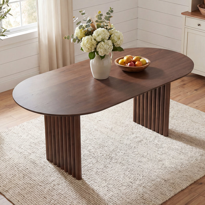 79" Soild Wood Dining Table with Double Pedestal Base &  Oval Tabletop , Walnut