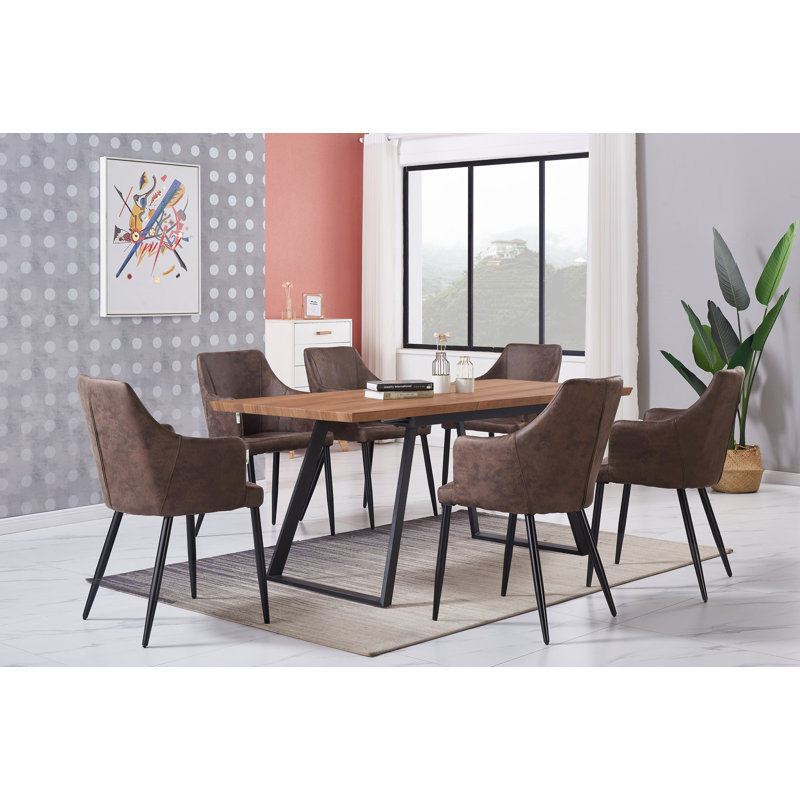 Eatonton 6 Person Dining set - a Rectangular Extendable Dining Table with Metal Legs and a Set of 6 Faux Leather Dining Chairs for Dining Room - Modern Dining Table Set
