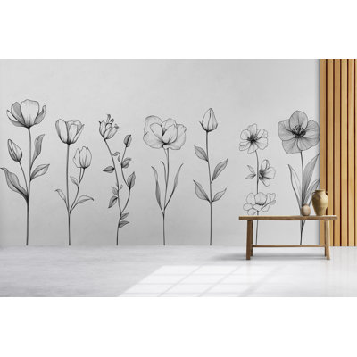 Minimalist Flower Wall Decal – Black Line Art Floral Mural For Living Room, Tall Botanical Wall Sticker 075Mv