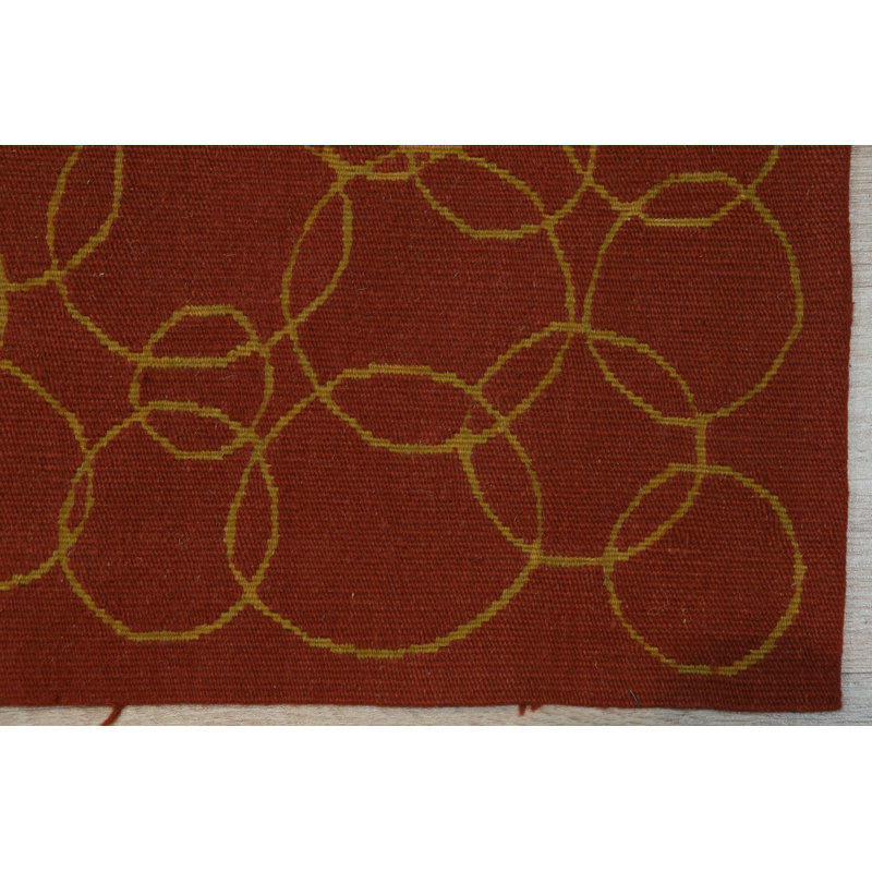 6x8 Red Flat Weave Wool Golden Orb Floating Vintage Mid Century Modern Contemporary Carpet Rug