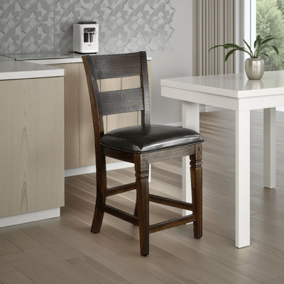 Tabouret de comptoir Flint, dossier échelle, noir, bois d'acajou brun foncé