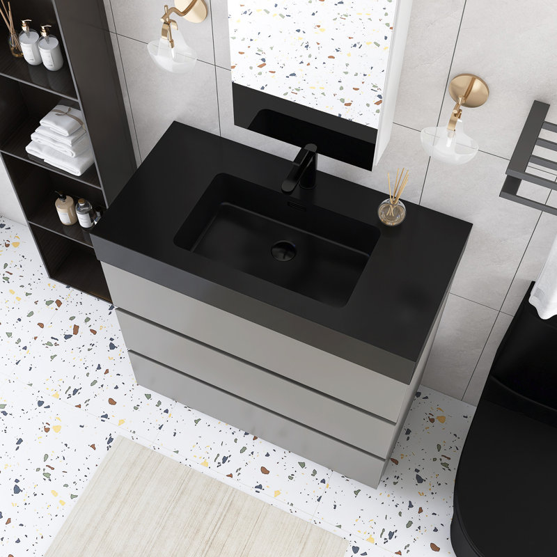 36" Freestanding Bathroom Vanity With Integrated Resin Top, Grey