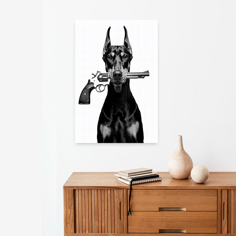«Doberman with Revolver Dramatic Contemporary Portrait», art mural, 24" H x 16" W