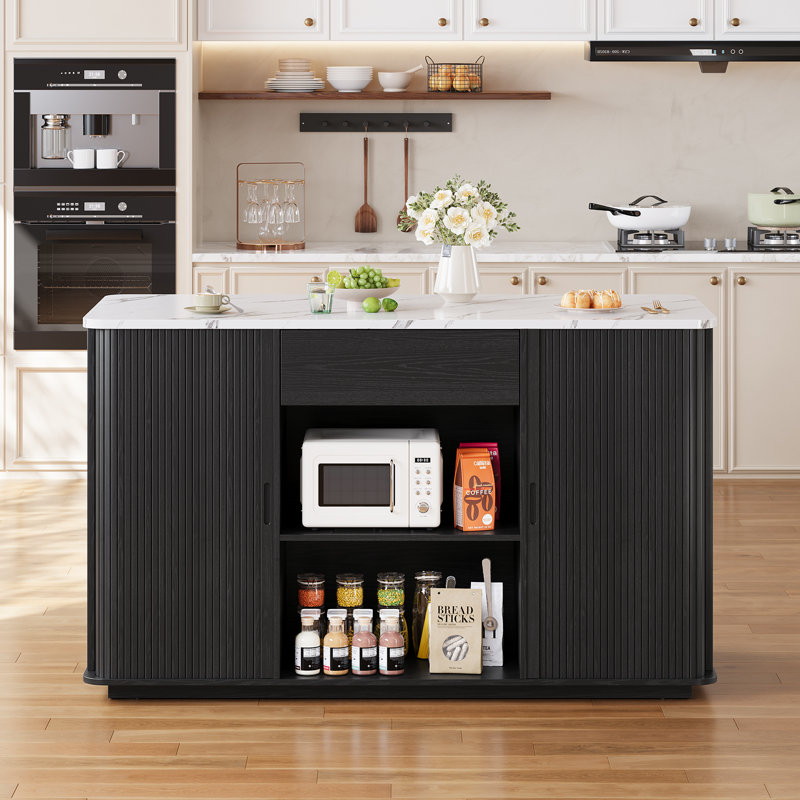 60" Wide Kitchen Island With 2 Sliding Tambour Door Cabinet, Kitchen Cabinet With Power Outlet & Large Drawer For Kitchen, Dinning Room