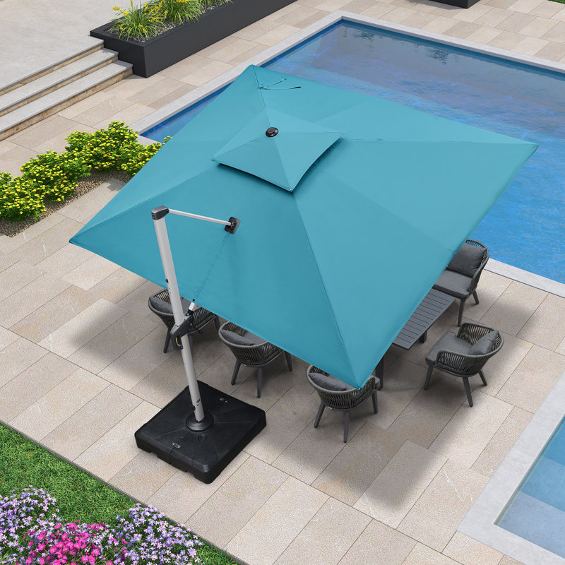Parasol rectangulaire en porte-à-faux avec base Bohusiavice, Bleu turquoise, H 108 po x l 144 po x P 120 po
