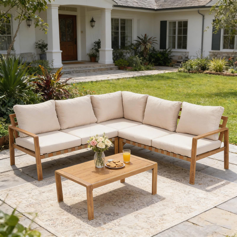 Ensemble de mobilier d'extérieur en forme de L 4 pièces, structure entièrement en aluminium avec grain de bois, sièges rembourrés et table basse en bois plastique, ensemble de conversation moderne