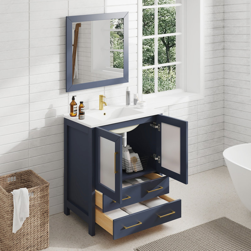 Ensemble de meuble-lavabo autoportant 30 po avec plateau en céramique et miroir assorti Brescia, Bleu