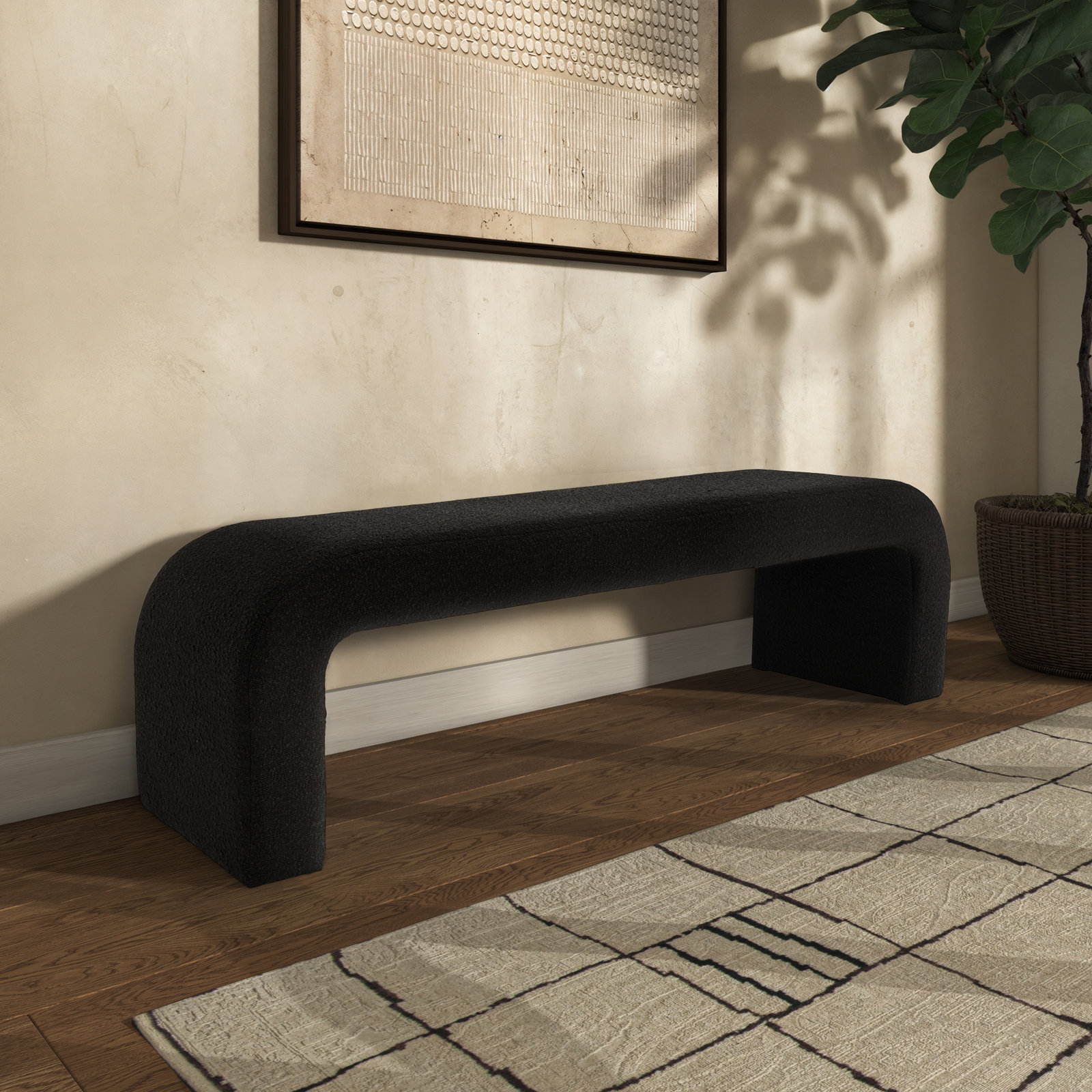 Daine 62" Linen Bedroom Bench, Black Boucle